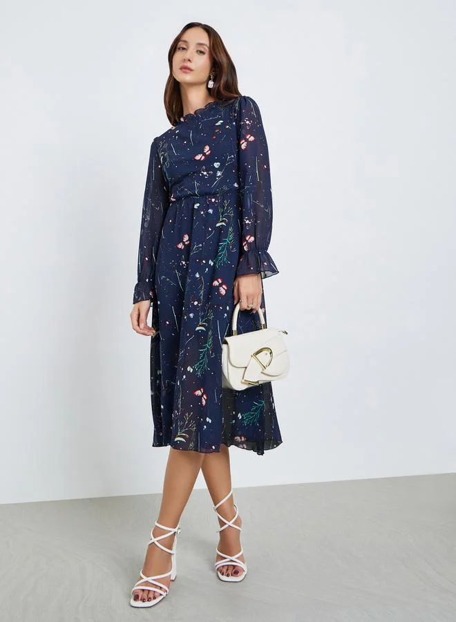 تايك تو فستان ميدي بياقة دائرية وأساور مرنة وطبعة زهور